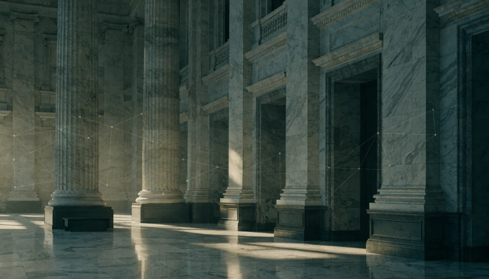 A marble civic hall with tall columns and soft natural light, overlaid with a faint network of connected data points