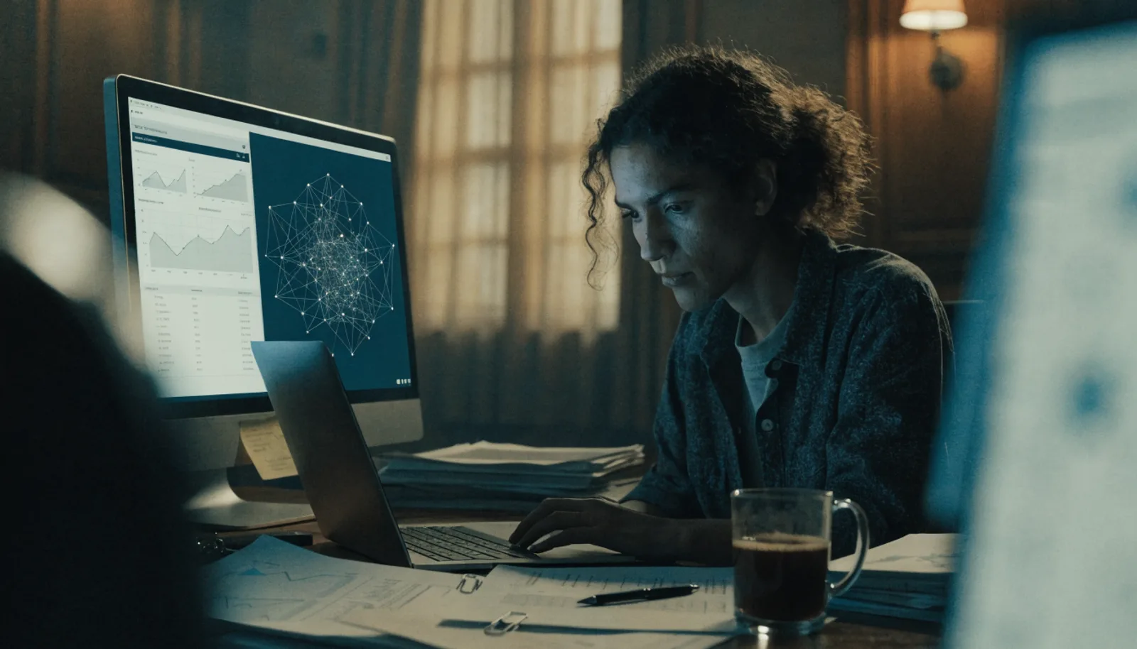 A campaign data analyst working late at a laptop, a glowing data dashboard and network visualization on the monitor beside them