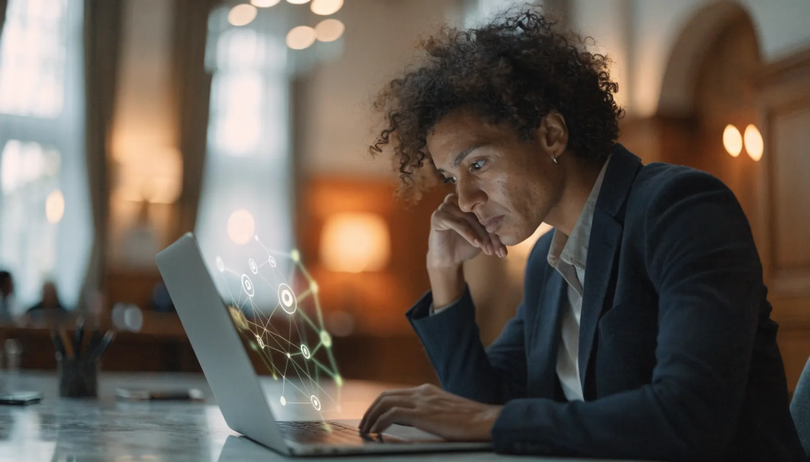 A campaign strategist at a laptop with a translucent glowing data and AI interface above the screen