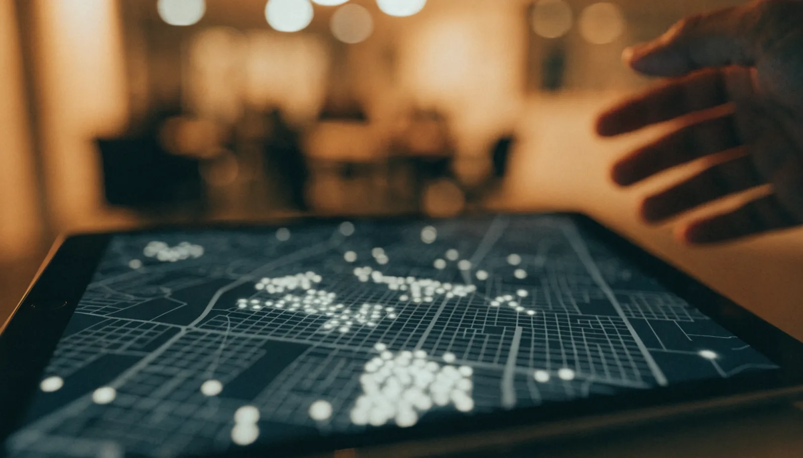 A tablet showing a neighborhood street map with glowing prioritized points and connecting lines