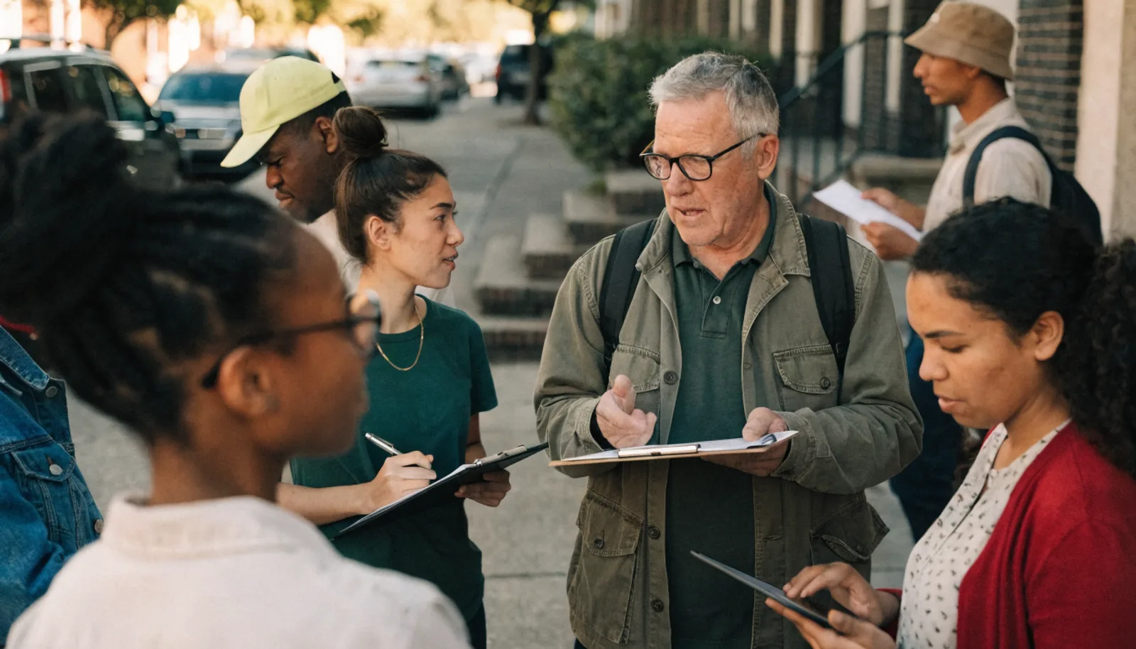 A diverse team of campaign field organizers collaborating outdoors on a residential street with clipboards and tablets