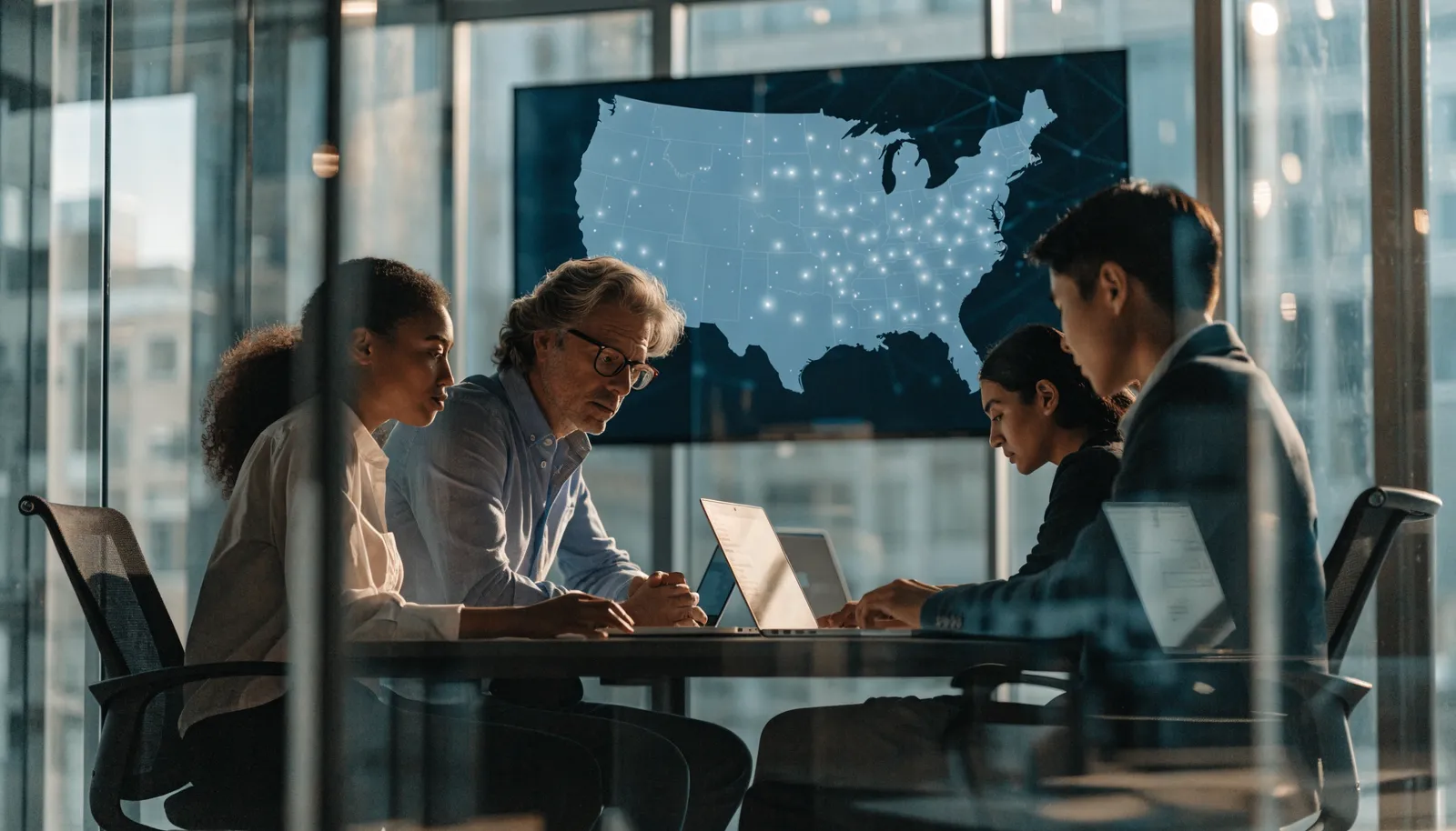 A campaign strategy team working on laptops in a boardroom with a glowing national data map on the wall screen