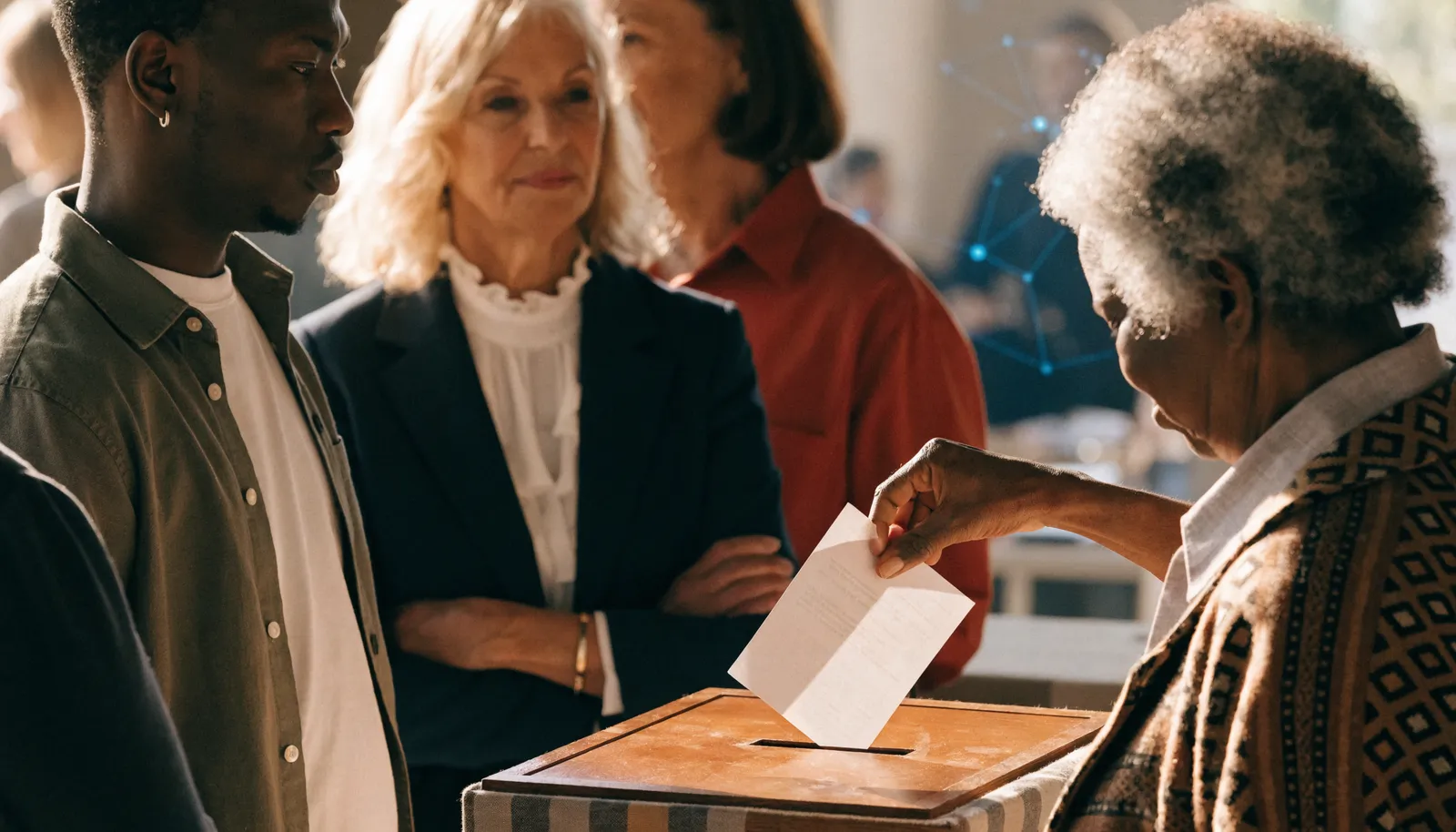 Voters casting paper ballots into a ballot box at a polling place