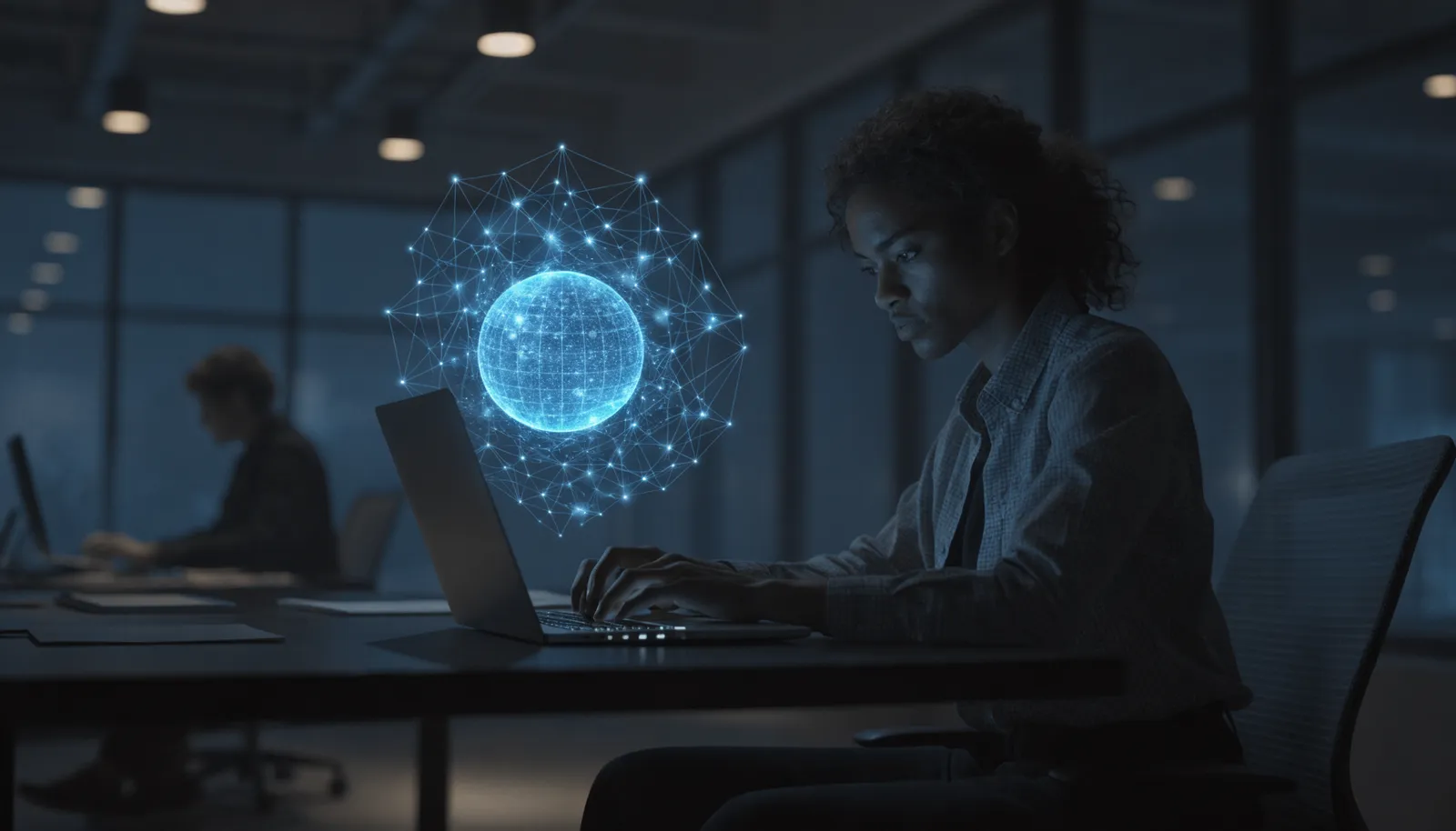 An analyst at a laptop with a glowing blue globe and data network visualized above the screen