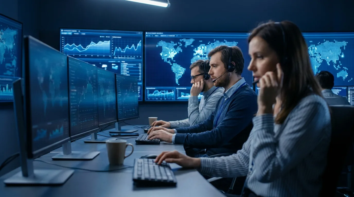 Campaign analysts reviewing data dashboards at an operations desk