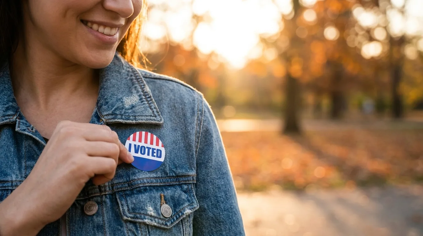 A close-up of someone wearing an 'I Voted' sticker on a denim jacket